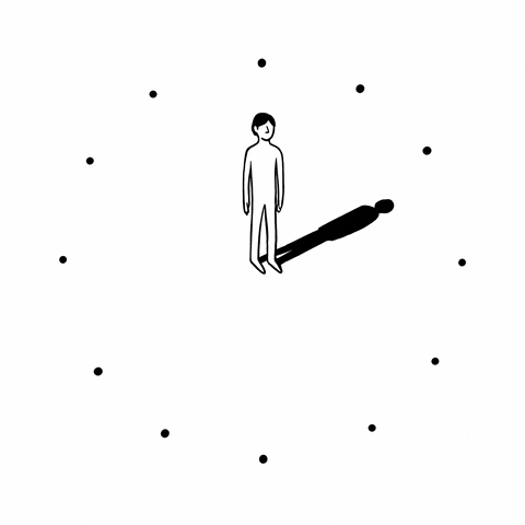 Person stands at the center of a dotted clock face, casting a long shadow to the right.