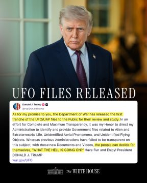 Portrait of Donald Trump in a navy suit with a bold 'UFO FILES RELEASED' headline overlay, suggesting a dramatic post about UFO documents released by him or his administration.