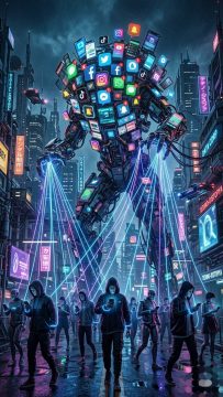 Gigantic robot covered in app icons looms over a neon city as crowd of people in hoodies use glowing smartphone screens below.