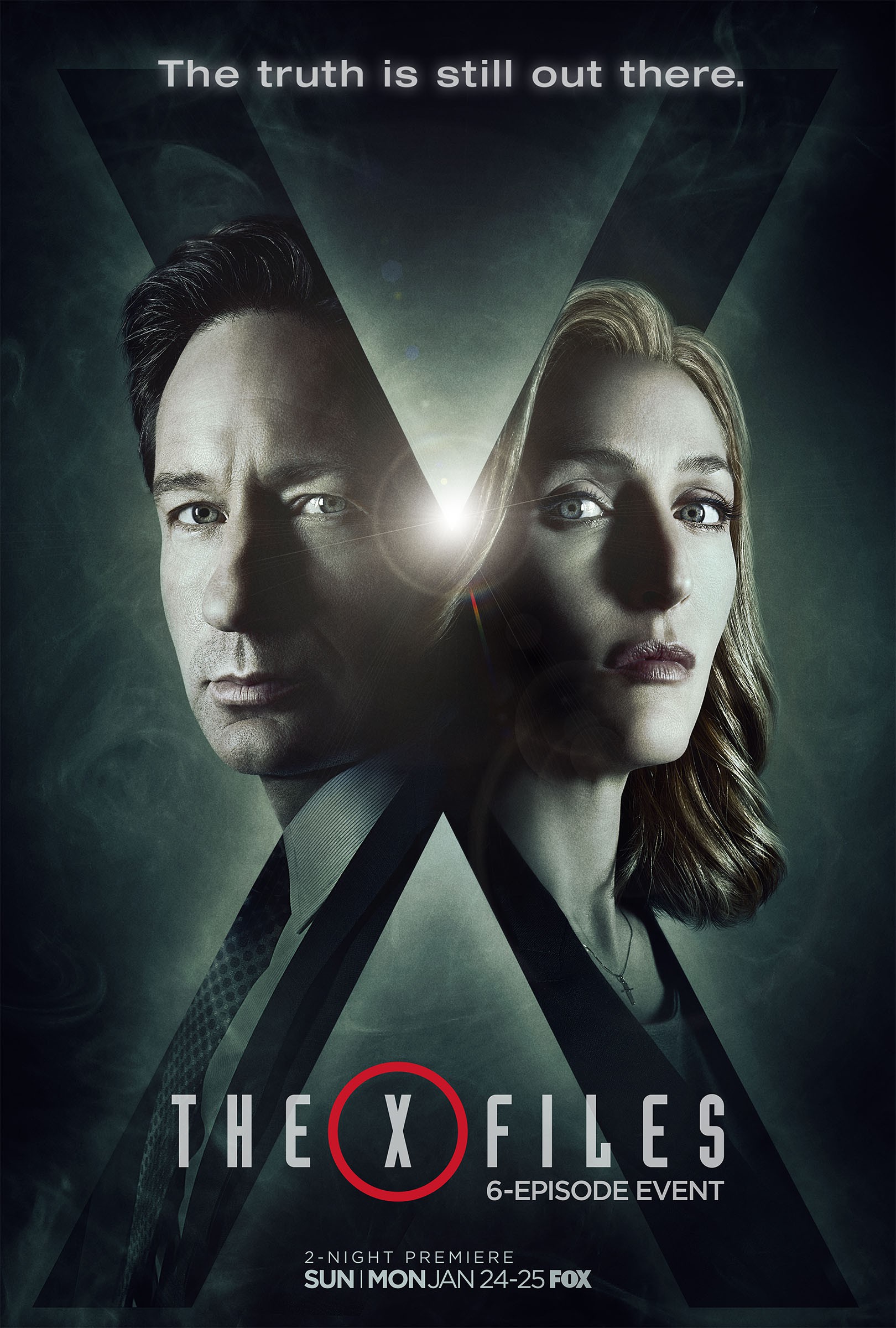 Poster for The X-Files: two close-up faces (Mulder and Scully) overlayed with X motif and event info: 6-episode event, Jan 24-25 on Fox.