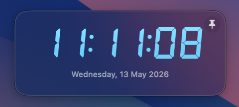 Digital clock showing 11:11:08 and the date Wednesday, 13 May 2026 on a blue-purple gradient background.