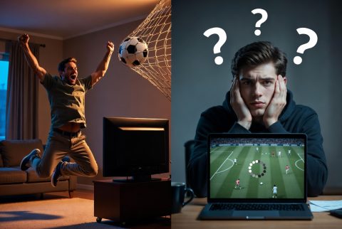 Split image: left side shows a man celebrating a soccer goal at home; right side shows a man anxious at a laptop with a loading spinner and question marks above him.