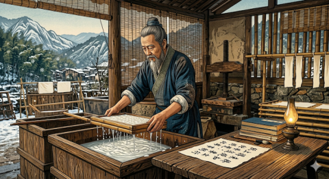 An elderly man in traditional robe works at a wooden print press in a rustic workshop, washing paper over a water basin with mountains visible outside.