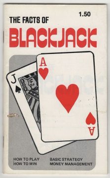 Vintage blackjack guide cover with bold red 'BLACKJACK' text and overlapping Ace of hearts and Jack of spades cards on a gray backdrop, title 'The Facts of' above.